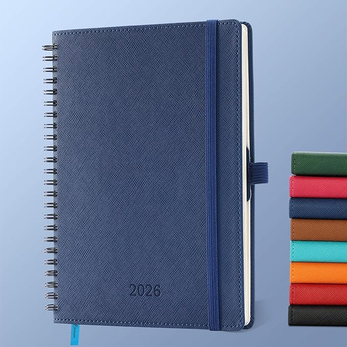 IN-LUXPRO Planner 2026 Daily Weekly and Monthly,8.5"x6.5",12 Months Spiral Bound Calendar Agenda with Self-adhesive Pen Holder,2026 Appointment Book with Vegan Leather Soft Cover,Blue