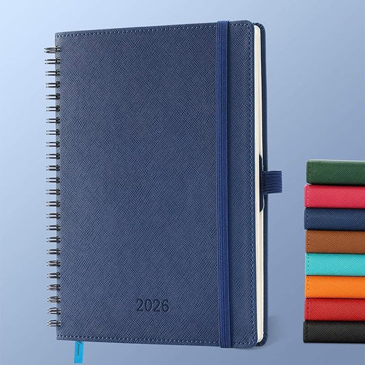 IN-LUXPRO Planner 2026 Daily Weekly and Monthly,8.5"x6.5",12 Months Spiral Bound Calendar Agenda with Self-adhesive Pen Holder,2026 Appointment Book with Vegan Leather Soft Cover,Blue