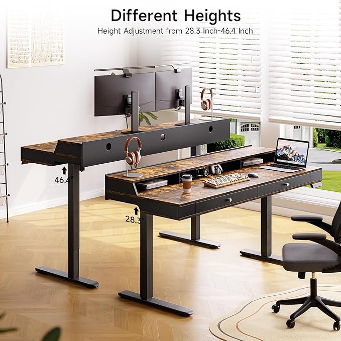 Standing Desk with Drawers, 47x23.6" Whole Piece Electric Stand Up Desk with Storage Shelf and Memory Controller, Sit Stand Desk Adjustable Height from 28-46" for Computer Workstation, Rustic Brown