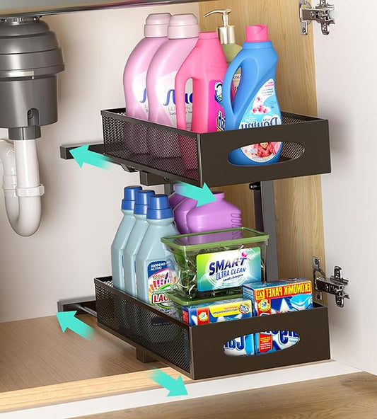 Beleeb Under Sink Organizer, 1-Pack of 2-Tier Metal Slide Out Pull Out Cabinet Organizer Shelf, Height Adjustable Organization and Storage Series, Bathroom/Desktop/Cabinet/Kitchen organization, Black