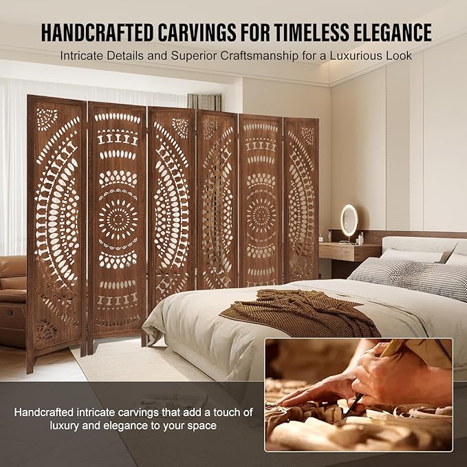 ALeesing 6 Panel Wood Room Divider Fully Assembled, Decorative Room Dividers and Folding Screens, 5.6Ft Room Divider Screen Freestanding Partition Wall Dividers for Home Bedroom Office, Dark Brown