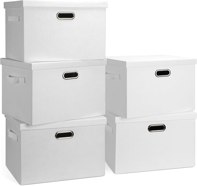 Graciadeco Large 17" 36 Quart Collapsible Stackable Storage Bins with Lids, 5 Packs White Linen Fabric Closet Boxes with Lids, Storage Cube Baskets Container Organizers for Bedroom Office(17 x12 x11)