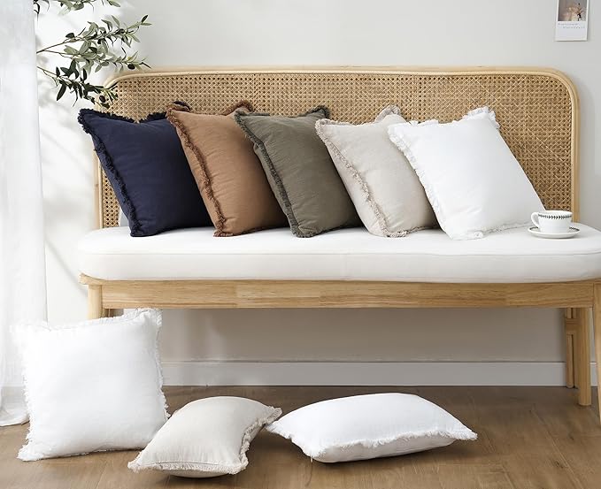 Foindtower Set of 2 Decorative Linen Fringe Throw Pillow Covers Cozy Boho Farmhouse Cushion Cover with Tassels Soft Accent Pillowcase for Couch Sofa Bed Living Room Home Decor,26×26 Inch,White