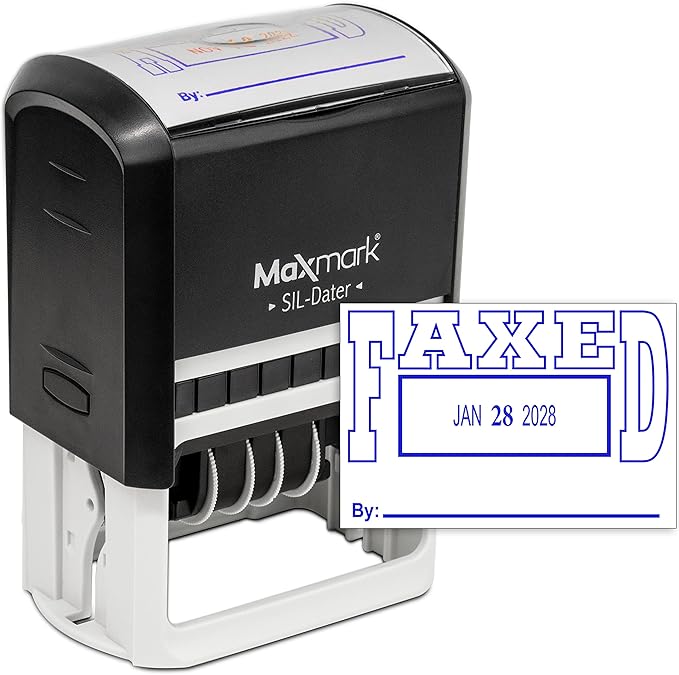 MaxMark Large Self-Inking Rubber Date Office Stamp with Faxed Phrase & Date - Blue Ink, 12-Year Band - Style 5