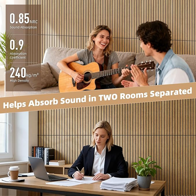 TO-TH Wood-Look Acoustic Wall Panels, 10 Pack 47.2” x 23.6” Sound Panels, Decorative Wood Panels for Wall Sound Dampening Panels for Home, Office, Basement, Teak with Mitered Edges