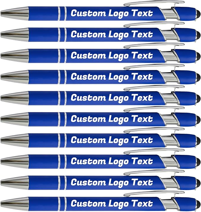 HEYZARDA Personalized Pens with Name Text Logo Custom Ballpoint Pen for Business Office Events with Stylus for Touchscreen 10 Pcs Blue