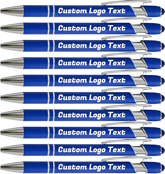 HEYZARDA Personalized Pens with Name Text Logo Custom Ballpoint Pen for Business Office Events with Stylus for Touchscreen 100 Pcs Blue