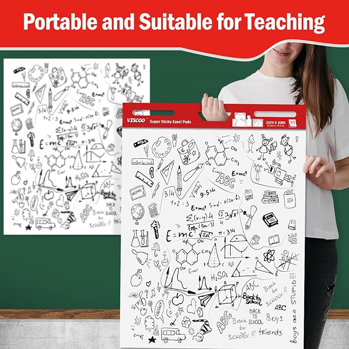 VISCOO Thickened Sticky Easel Pad, 25 x 30 Inches Large Chart Paper for Teachers, 10 Pads Self Stick Easel Paper for White Board, White Sticky Anchor Chart Paper, with Sticky Note, 300 Sheets/10 Pads