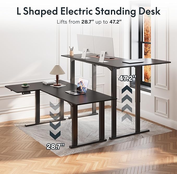 SANODESK 4-Leg L Shaped Standing Desk, Electric Height Adjustable Desk with Memory Presets for Home Office, Stand up Desk Computer Workstation, 78x43 Inches Black