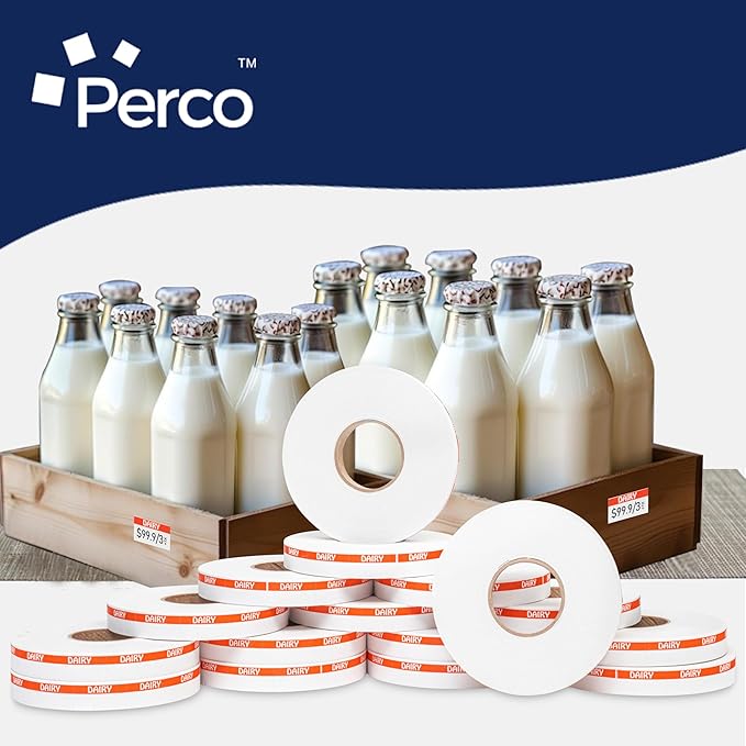 Perco Orange Reverse Print on White Dairy Labels to fit Monarch 1110 Price Gun - 16 Rolls, 17,000 Labels with Ink Roll Included