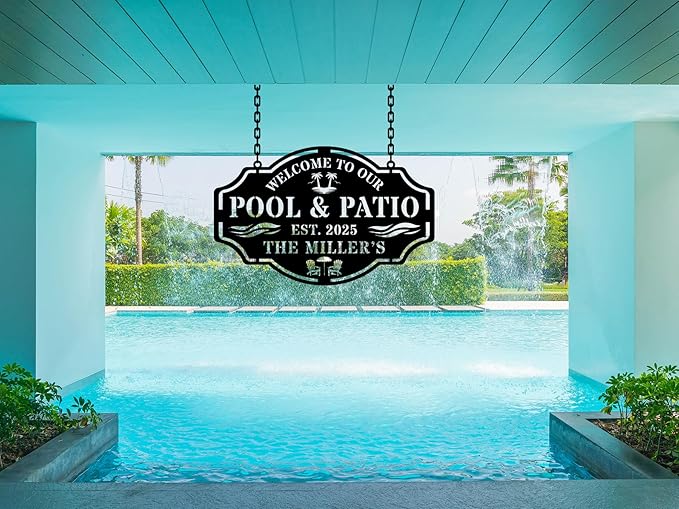 Personalized Name Metal Pool Sign,Patio Signs for Outside, Custom Pool Bar Sign, Backyard Oasis Sign,Patio Decor Outdoor,Pool Tropical Coastal Decor,Pool Decorations Outdoor