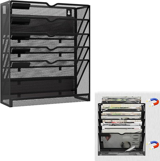 KZWKRG 6 Tier Magnetic File Holder, Large Capacity Mesh Hanging Wall Organizer Vertical Magnetic Hanging File Organizer, Magnetic File Folder Holder for File Cabinets, Office, Whiteboard (Black)