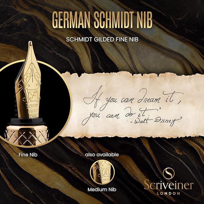 Scriveiner Gold Luxury Fountain Pen (Fine) - Award Winning - Heavy Pocket Stunning Luxury Pen, Real Gold Plating, German Nib & Converter, Nice Gift Pens for Men & Women