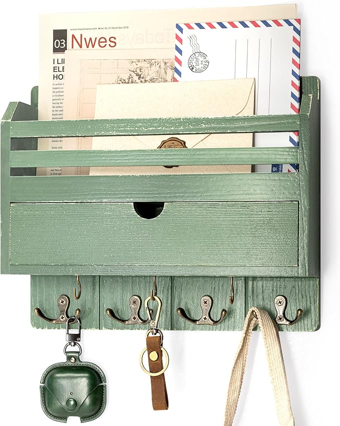 Rebee Vision Pine Wood Mail and Key Organizer for Wall – Farmhouse Mail Organizer Wall Mounted with 7 Sturdy Hooks & Drawer Storage – Apartment Essentials for Stylish Home Decor (Green)