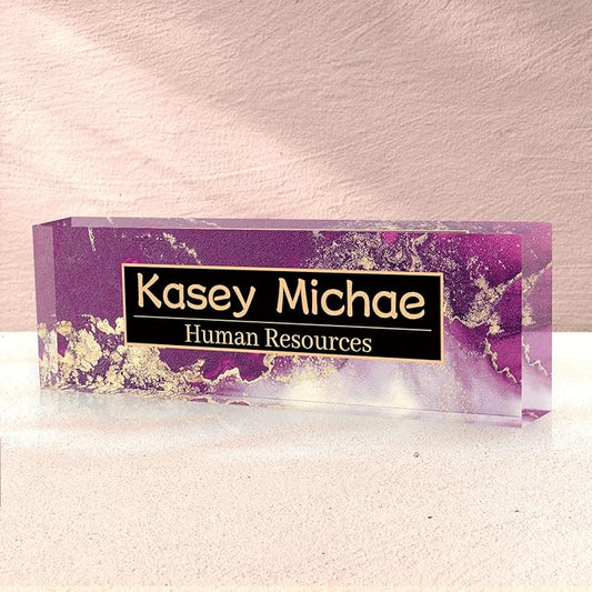 SalaGraphics Desk Name Plate Personalized, Custom for Desk, Office Decor Men, Acrylic Accessories, Gifts Coworkers Boss Teacher, Employee Appreciation (Purple/Gold), 8''(L)x2.5(W)