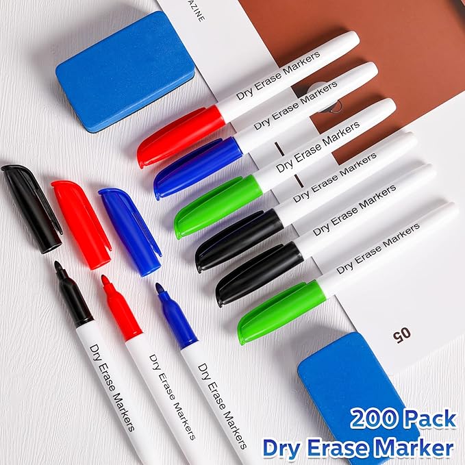 Thenshop 200 Pack Dry Erase Markers Bulk with 4 Magnetic Erasers Fine Tip Dry Erase Markers Whiteboard Pens Bulk for Office Supplies(Colorful)