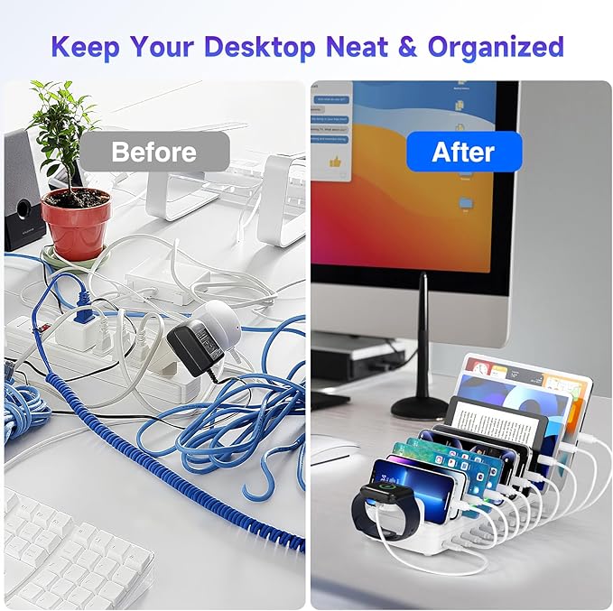285W Charging Station for Multiple Devices, 10 Ports Fast Multi-Device Charger Organizer Compatible with MacBook Pro Laptop, iPhone, Android, Ipad, Tablet, Kindle, Family Multi-Device Charging Dock