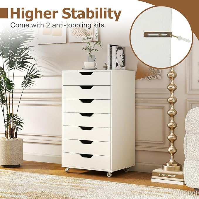Giantex Drawers Cabinet Mobile Lateral Filing Organizer with 7 Drawers and Wheels Mobile Side Cabinet Chest for Home Office Storage Use 7-Drawer Dresser (19” x 16” x 34.5”, White)