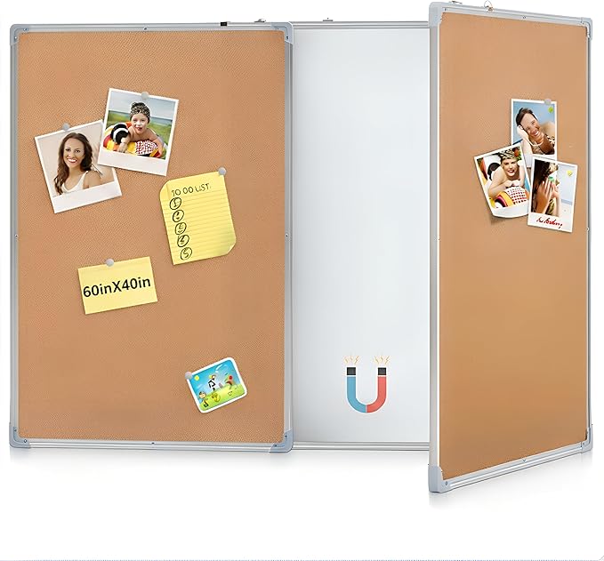 Mooliwe 60"x40" Tri-fold Cork Board Whiteboard Combo, Foldable Combination Magnetic Dry Erase Bulletin Board & Corkboard with Aluminum Frame Wall Mounted for Home, Office and School(Wood)