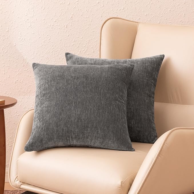 Amazon Basics Chenille Throw Pillow Covers, Home Decor Cushion Cover for Bedroom Living Room Couch Bed, 20" W × 20" L, Dark Gray