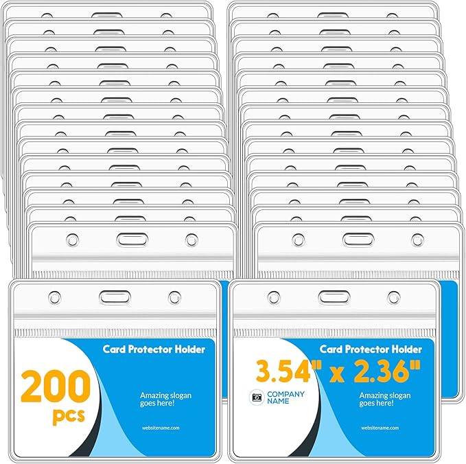 Marspark 200 Pieces Clear Plastic Horizontal Name Badge ID Card Holders with Waterproof Type Resealable Zip, 3.54 x 2.36 in, Transparent PVC Sleeve for Office Back to School Supplies