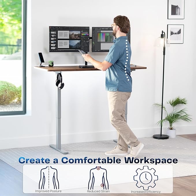 VIVO Electric 60 x 24 in Rustic Standing Desk, Memory Height Adjustment, 1B Series, Holds 220 lbs, One-Piece Vintage Brown Top, Gray Frame, DESK-KIT-1G6N