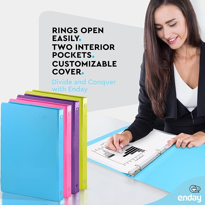 ½ Inch 3 Ring Binder .5 inch Clear View Cover with 2 Inside Pockets, Colored School Supplies Office and Home Binders - Assorted Colors May Vary (4 Pack) – by Enday