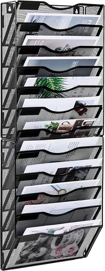 Solinxe Wall File Holder, 12 Pockets Hanging File Folder, Paper Organizer Storage, Document Rack, Mail Holder, Magazine Rack, Wall Organizer for Office, Black