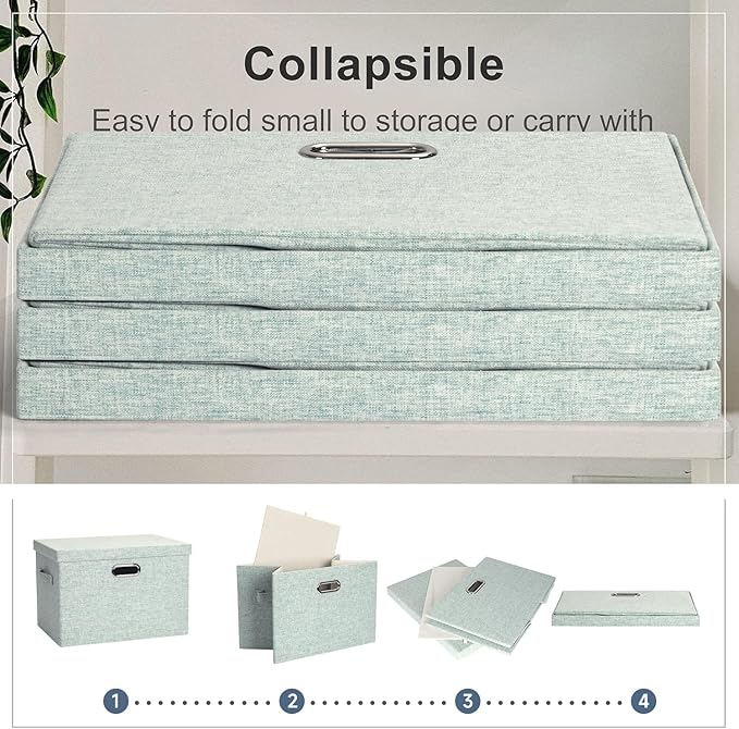 Graciadeco Large 17" 36 Quart Collapsible Stackable Storage Bins with Lids, 3 Packs Light Green Linen Fabric Closet Boxes with Lids, Storage Cube Baskets Container Organizers for Office (17x12x11)