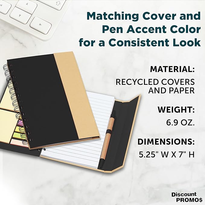 DISCOUNT PROMOS Eco Friendly Spiral Notebooks with Pens Set of 10, Bulk Pack - Perfect for School, Office, Home - Black
