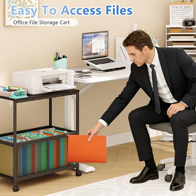 Sbanmao Rolling File Cart, Mobile Hanging File Cabinet with Wheels, Filing Cabinet Organizer Printer Stand File Organizer File Cabinet for Home Office, Black (120~150 Letter-Size Files)