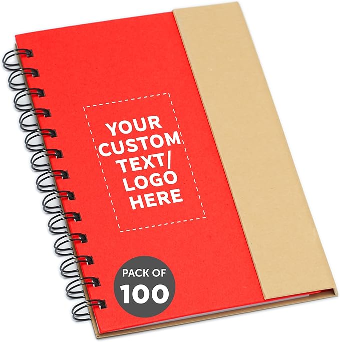 DISCOUNT PROMOS Custom Eco Friendly Spiral Notebooks with Pens Set of 100, Personalized Bulk Pack - Perfect for School, Office, Home - Red