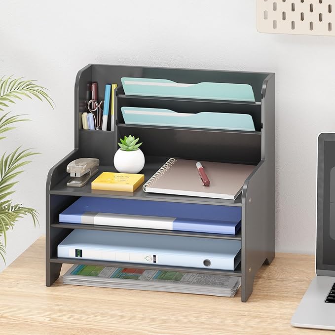 Wisuce Essentials Bamboo Desk Organizer Mail Holder Countertop Letter Tray File Desktop Mail Holder Countertop Organizer for Desktop Letter Sorter Paper File Storage for School Home Office Supplies