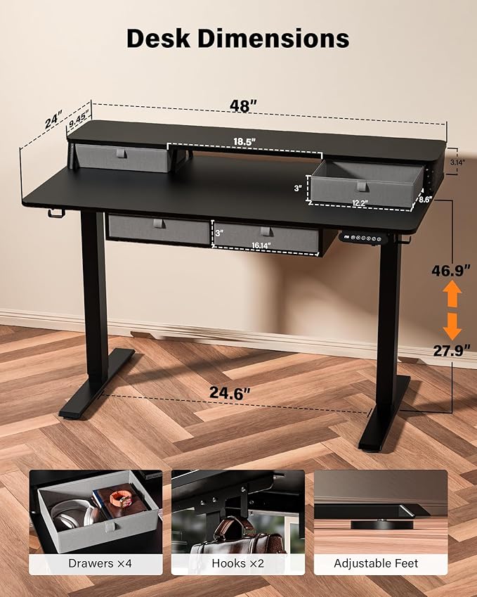 FiCiHi Electric Standing Desk with Four Drawers, Adjustable Height Sit Stand Desk, C-Clamp Compatible Home Office Desk with Storage Shelf & Monitor Stand Riser, 48 x 24 Inch,Classical Black