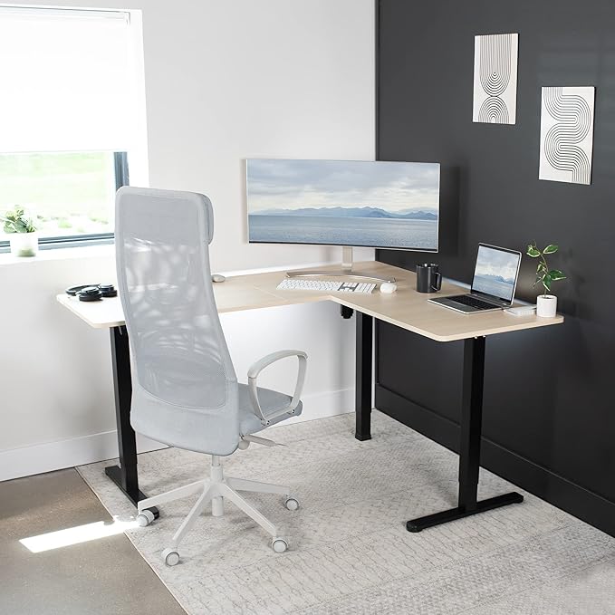VIVO Electric Corner 63 x 55 inch L-Shaped Standing Desk, Memory Height Adjustment, Light Wood Top Black Frame, DESK-E3CTBC