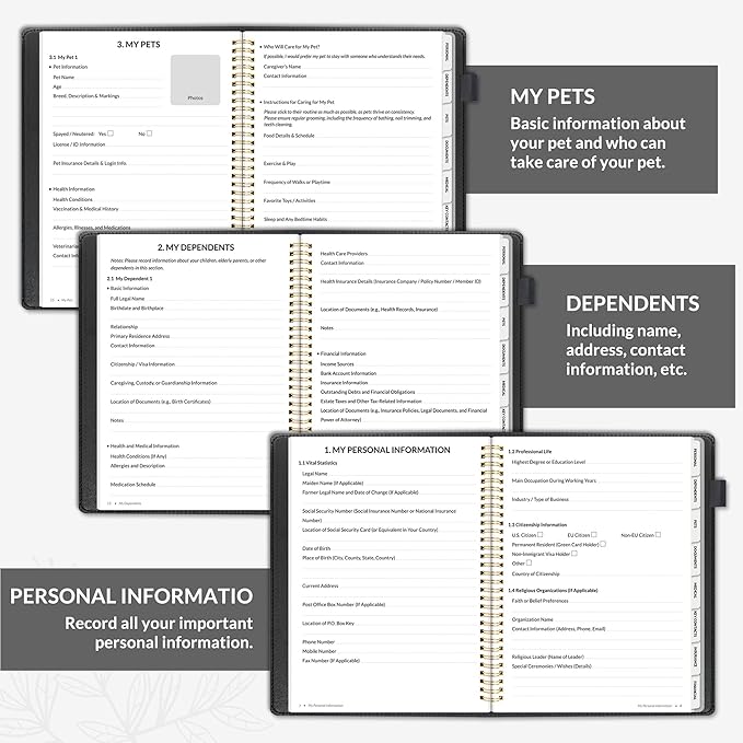 SUNEE End of Life Planner - I‘m Dead Now What Planner, Large Print Spiral-Bound Estate Organizer with Tabs for Seniors & Family. Covers Final Wishes, Passwords & Funeral Planning.A4（9"x11.2"),Black