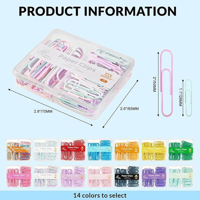 NEEWAY Colorful Paper Clips Assorted Sizes, Small and Large Paperclips, 210 Count, 3 Pack of 70 (Light Multicolor)