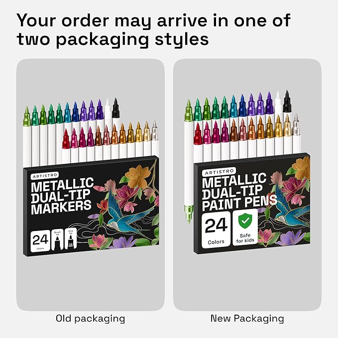 ARTISTRO 24 Metallic Acrylic Paint Markers - Paint Pens Dual Tip Brush + Fine Ideal for Calligraphy - Perfect for Fabric, Rock, Glass, Wood, DIY - Art Supplies, Stocking Stuffers, Christmas Gift Idea