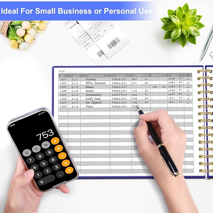 HAUTOCO Hardcover Accounting Ledger Book for Small Business Bookkeeping Horizontal Money Expense Tracker Notebook with 2 Storage Pouch, Personal Columnar Log Journal 10.78 x 8'', Navy Blue