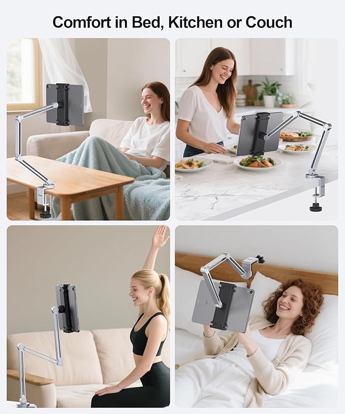 YICOSUN Tablet Arm Mount with Super Grip, Adjustable Foldable Holder & Heavy Duty Aluminum 360° Rotating Clamp for iPad, Phone, Monitor, Kindle - Universal for Desk, Bed, Kitchen - Silver