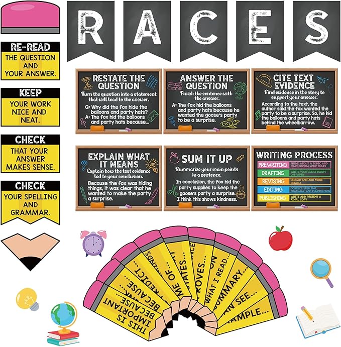 Pasimy Races Writing Strategy Bulletin Board Set Writing Process Posters for Classroom Decorations Races Alphabet Pencil with Sentences Poster Bulletin Board Cutouts Elementary Middle School(Black)