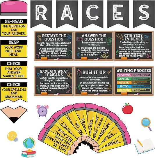 Pasimy Races Writing Strategy Bulletin Board Set Writing Process Posters for Classroom Decorations Races Alphabet Pencil with Sentences Poster Bulletin Board Cutouts Elementary Middle School(Black)