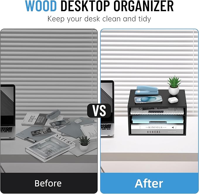 SHARKWOODS Wood Desk Organizer, 3 Tier Paper Tray Organizer for Desk with Adjustable Storage Shelves, Printer Stand Desktop File Organization Paper Sorter Mail Holder for Office Home Classroom, Black