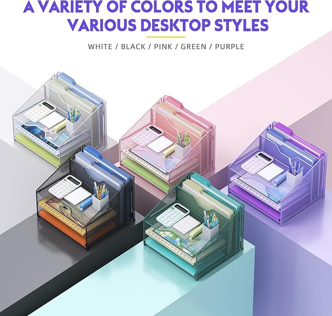 Samstar Purple Desk File Organizer, Mesh Letter File Folder Holder with 3 Paper Trays and 2 Vertical Upright Section, for Office Supplies, Desk Accessories & Workspace, Purple