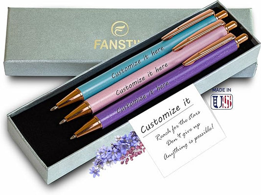 FANSTIK Customized BallPoint 3-pack pens set with name (MADE IN USA), Fancy Pen Set for Women, Thank you gift for woman, Luxury engraved pens personalized for women, (BallPoint Fancy Set)
