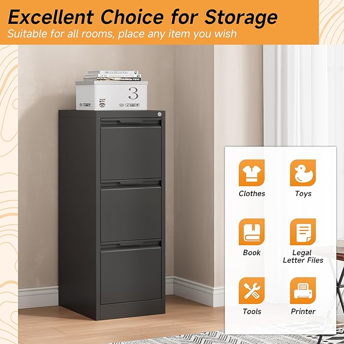 Bestoo 3-Drawer File Cabinet with Lock, Metal Filing Cabinet for Home Office, Vertical Filing Storage Cabinets, Fits File Folders, Letter/Legal/F4/A4 Size, Assembly Required (Black)