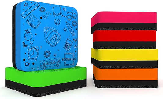 Scribbledo 6 Pack Magnetic Dry Erase Erasers - Assorted Colors, Magnetic, Smudge Free for Kids, Students, Classroom, Home, School, Office