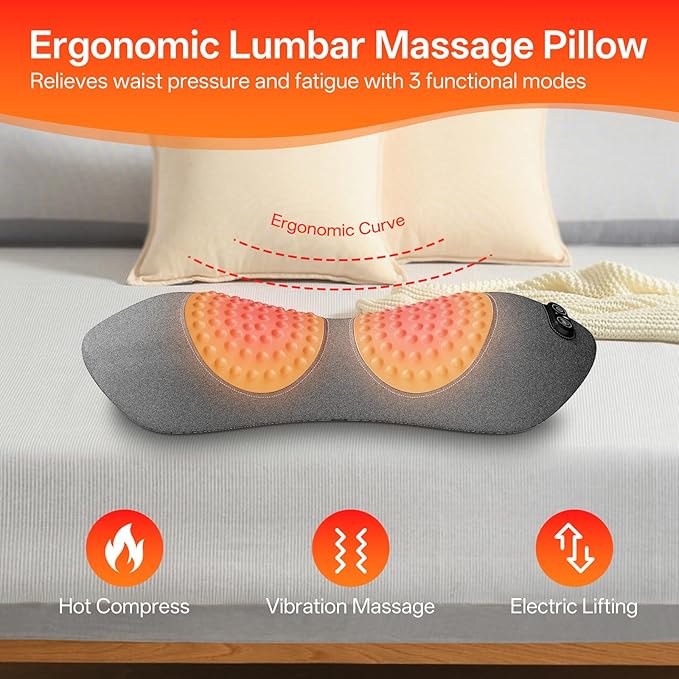 SUDAHIA 3-in-1 Electric Back Massager Pillow with Heat, Vibration and Traction, Triple Fusion Back Massager Bed and Chair Use, Lumbar Support Pillow for Lower Back Comfort and Spine Support (Gray)