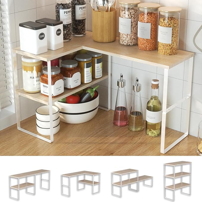 Golener Countertop Organizer Corner Shelf, 2 Tier Adjustable Stackable Corner Shelves for Kitchen, Bathroom, Spice Rack, Coffee Bar, Over Sink, Dresser Table, Corner Counter Shelf Stand, Natural Beige | Corner Shelves, for Kitchen, Bathroom, Spice Rack...