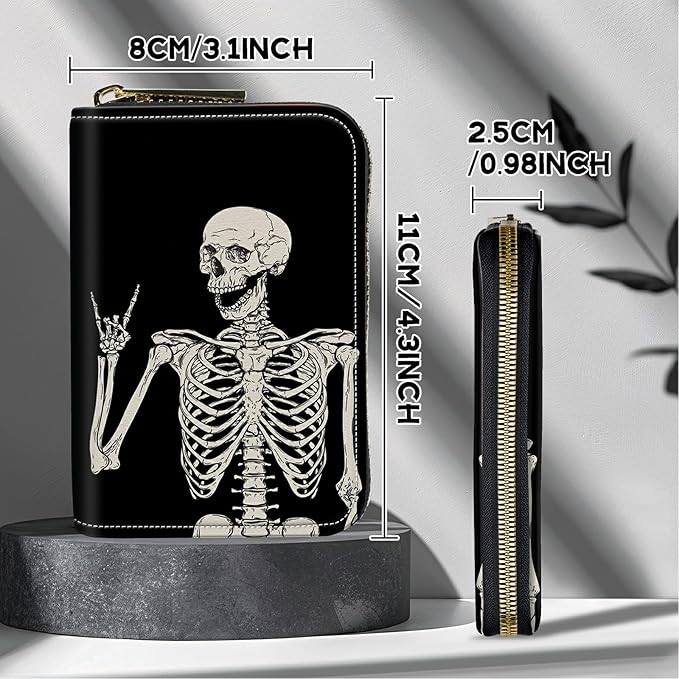BWEGRHE Cute Credit Card Holder with Zipper, Skull Skeleton RFID-Blocking Card Case Small Wallet for Women Men, Multi-slot Card Organizer Case Travel Accordion Wallet
